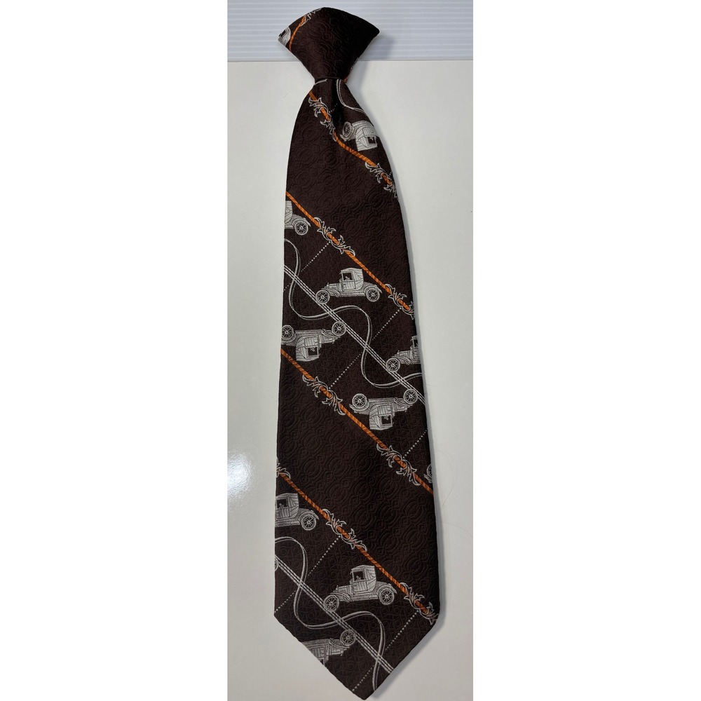 Vintage Archdale Clip On Tie Brown Antique Car Novelty Print